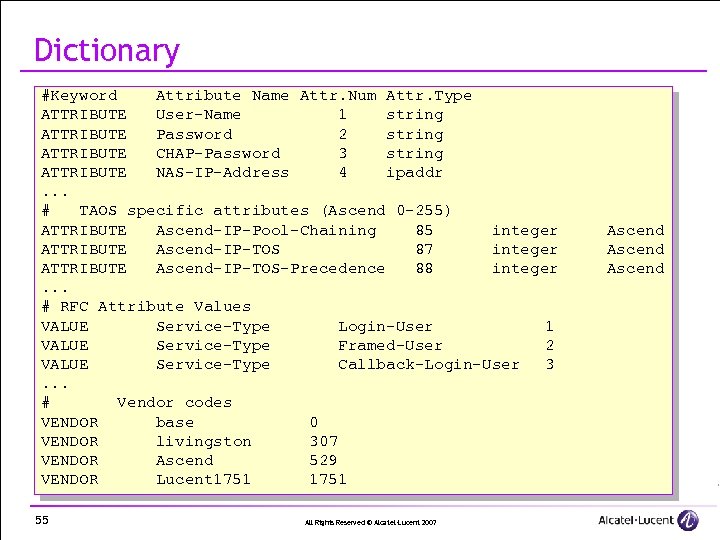 Dictionary #Keyword Attribute Name Attr. Num Attr. Type ATTRIBUTE User-Name 1 string ATTRIBUTE Password