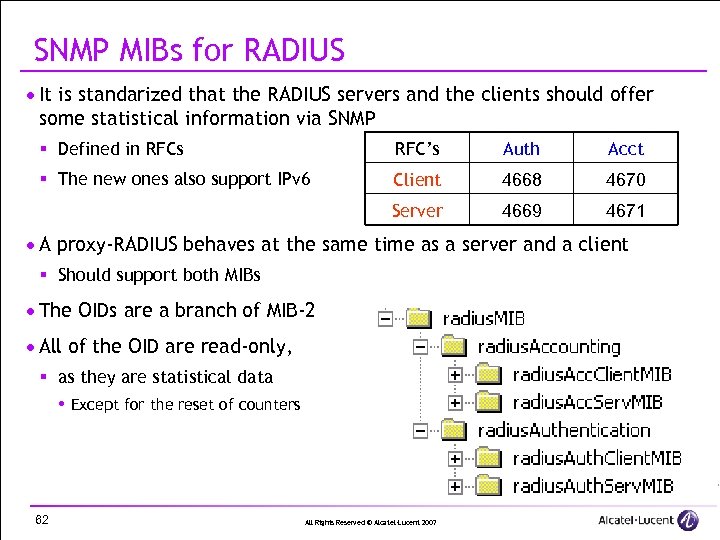 SNMP MIBs for RADIUS · It is standarized that the RADIUS servers and the