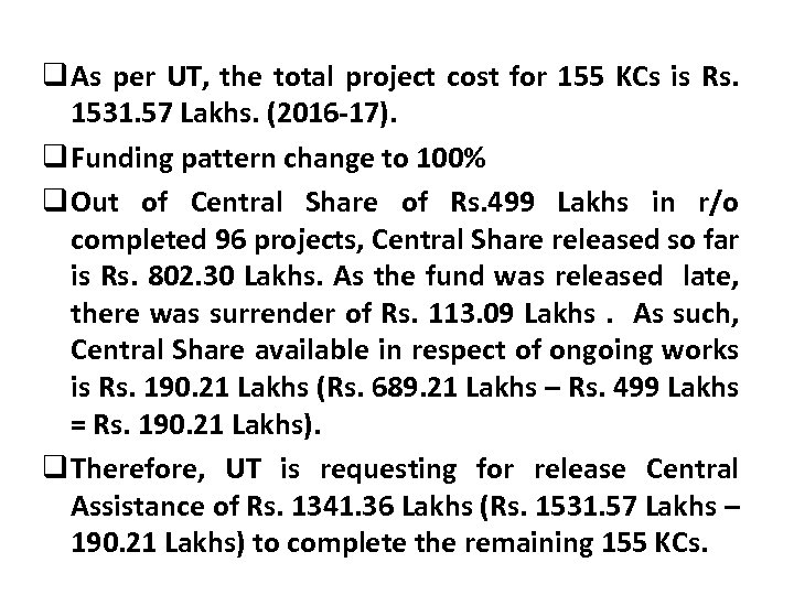  As per UT, the total project cost for 155 KCs is Rs. 1531.