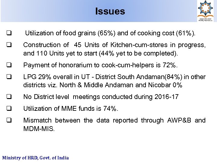 Issues Utilization of food grains (65%) and of cooking cost (61%). Construction of 45