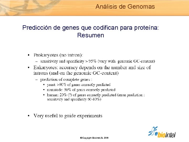 Análisis de Genomas Predicción de genes que codifican para proteína: Resumen © Copyright Ebiointel,
