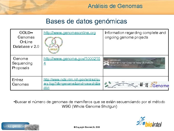 Análisis de Genomas Bases de datos genómicas GOLD Genomes On. Line Database v 2.