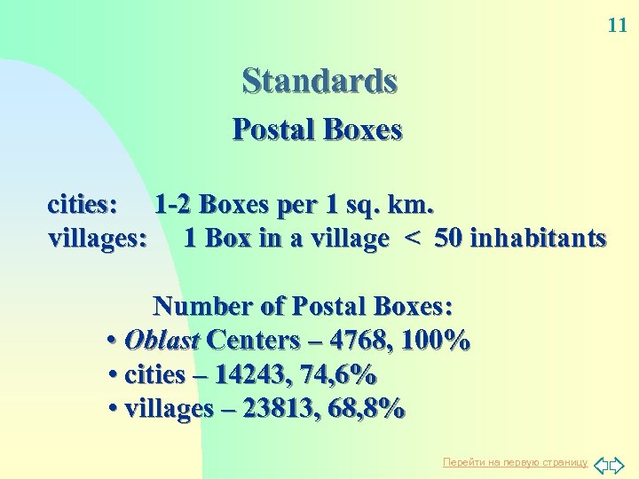 11 Standards Postal Boxes cities: 1 -2 Boxes per 1 sq. km. villages: 1
