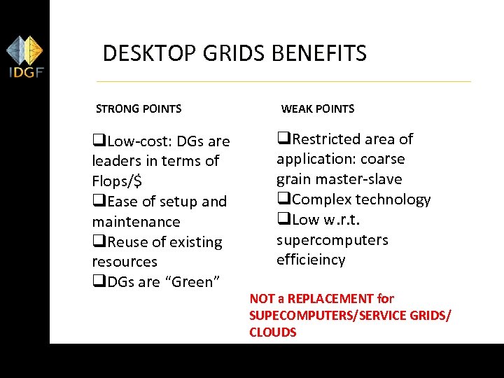 DESKTOP GRIDS BENEFITS STRONG POINTS WEAK POINTS q. Low-cost: DGs are leaders in terms