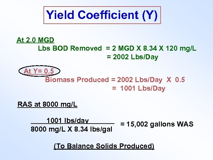 Yield Coefficient (Y) At 2. 0 MGD Lbs BOD Removed = 2 MGD X