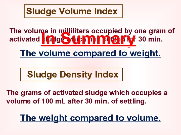 Sludge Volume Index The volume in milliliters occupied by one gram of activated sludge