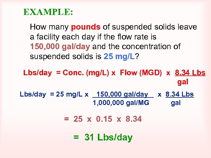 EXAMPLE: How many pounds of suspended solids leave a facility each day if the
