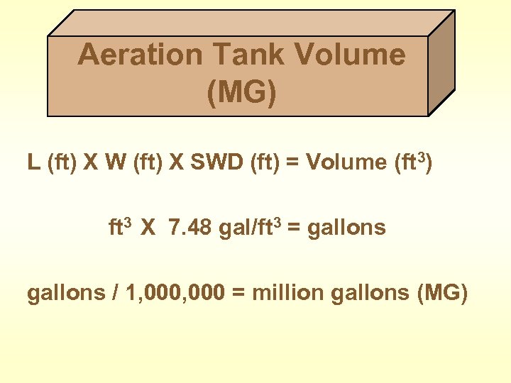 Aeration Tank Volume (MG) L (ft) X W (ft) X SWD (ft) = Volume