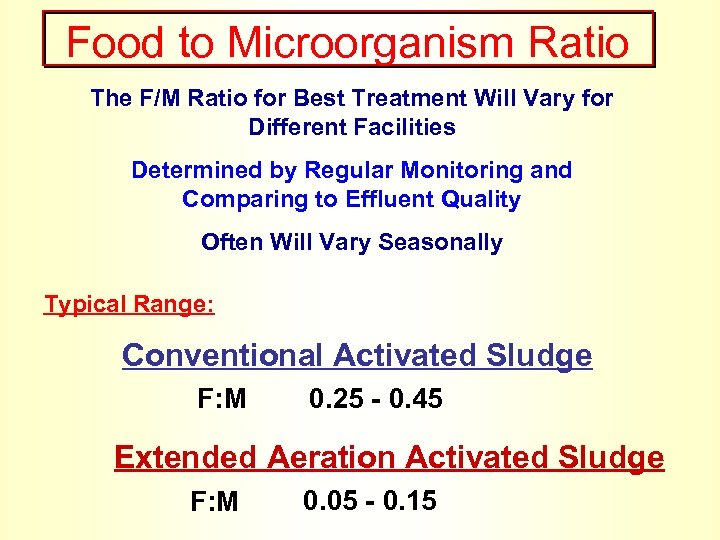 Food to Microorganism Ratio The F/M Ratio for Best Treatment Will Vary for Different