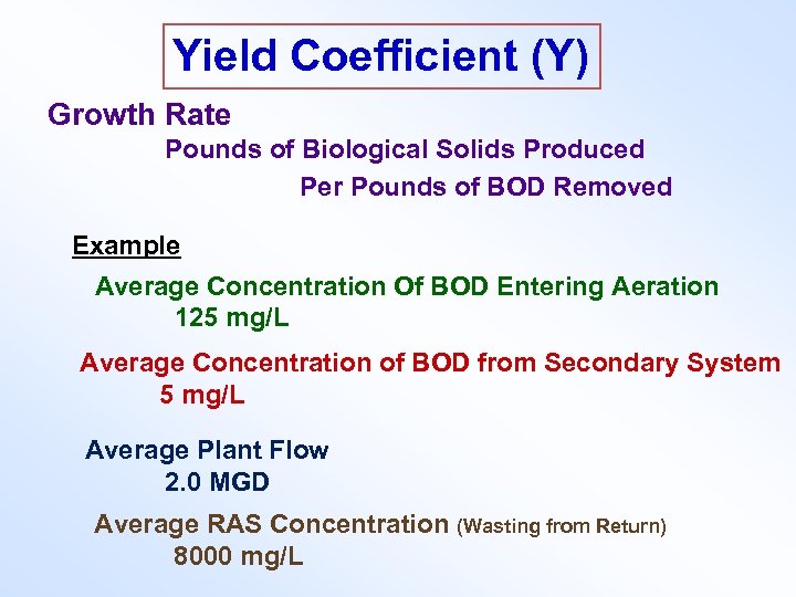 Yield Coefficient (Y) Growth Rate Pounds of Biological Solids Produced Per Pounds of BOD