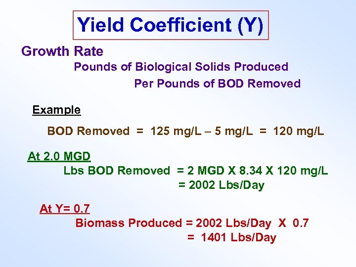 Yield Coefficient (Y) Growth Rate Pounds of Biological Solids Produced Per Pounds of BOD