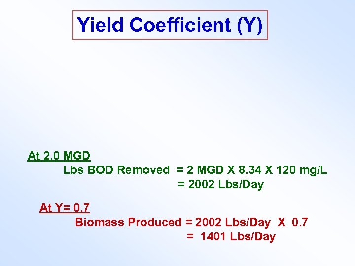 Yield Coefficient (Y) At 2. 0 MGD Lbs BOD Removed = 2 MGD X
