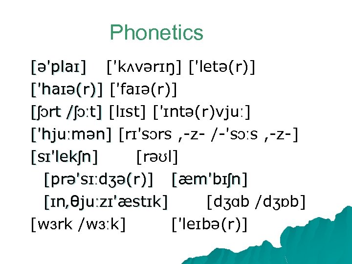 Phonetics [ə'plaɪ] ['kʌvərɪŋ] ['letə(r)] ['haɪə(r)] ['faɪə(r)] [ʃɔrt /ʃɔːt] [lɪst] ['ɪntə(r)vjuː] ['hjuːmən] [rɪ'sɔrs , -z-