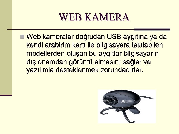 WEB KAMERA n Web kameralar doğrudan USB aygıtına ya da kendi arabirim kartı ile