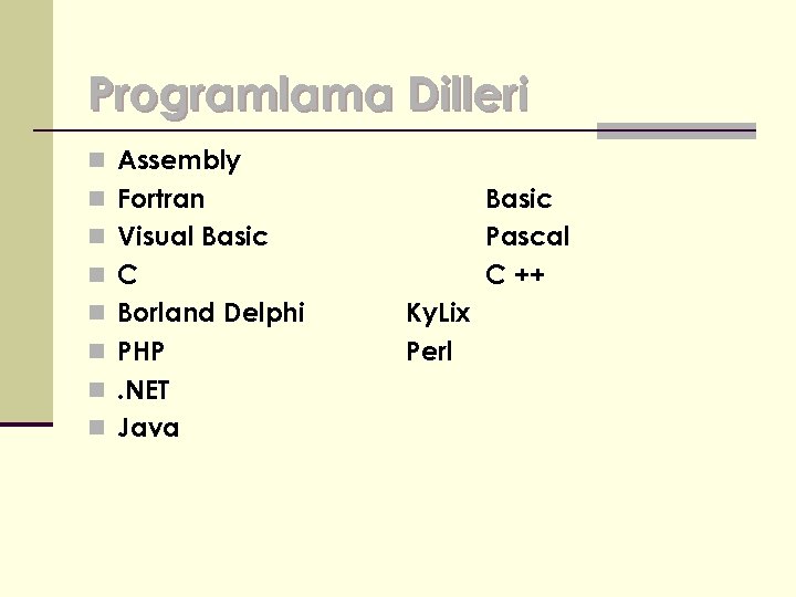 Programlama Dilleri n Assembly n Fortran Basic Pascal C ++ n Visual Basic n
