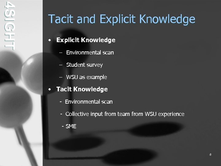 4 S I G HT Tacit and Explicit Knowledge • Explicit Knowledge – Environmental