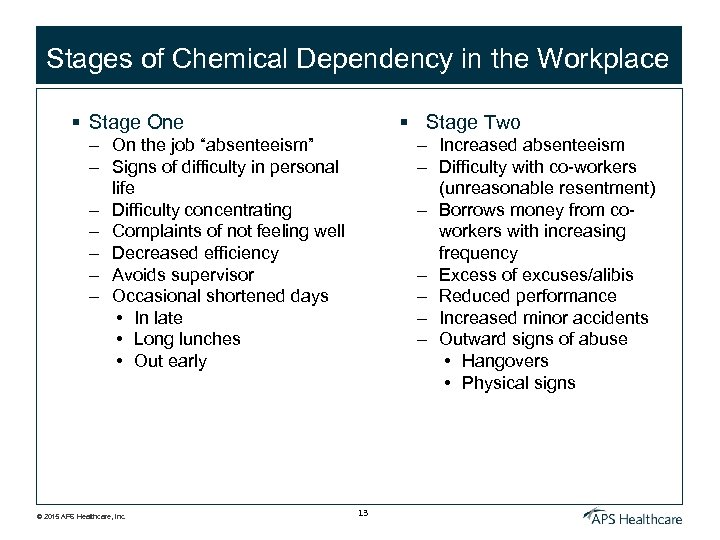 Stages of Chemical Dependency in the Workplace § Stage One § Stage Two –