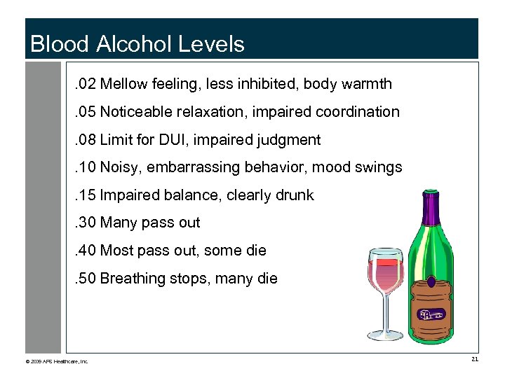 Blood Alcohol Levels. 02 Mellow feeling, less inhibited, body warmth. 05 Noticeable relaxation, impaired