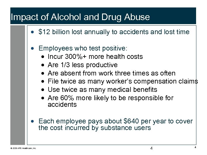 Impact of Alcohol and Drug Abuse · $12 billion lost annually to accidents and