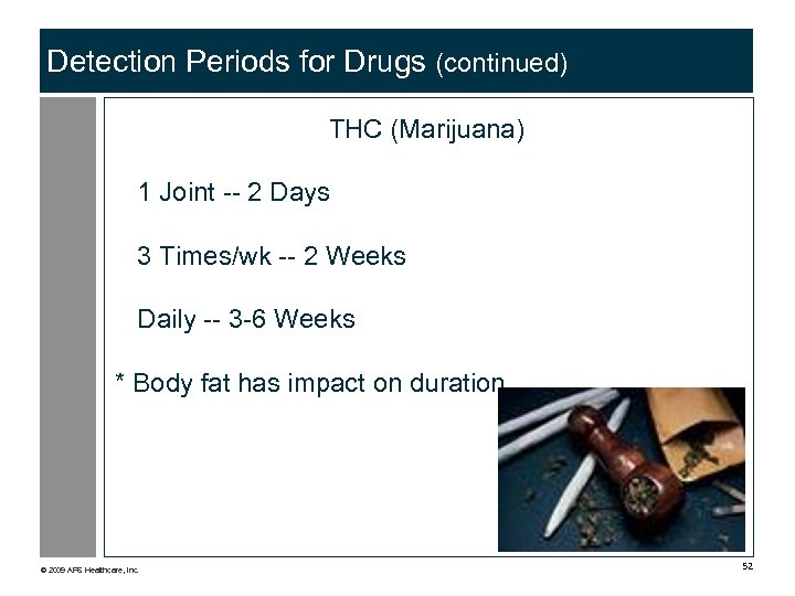 Detection Periods for Drugs (continued) THC (Marijuana) 1 Joint -- 2 Days 3 Times/wk