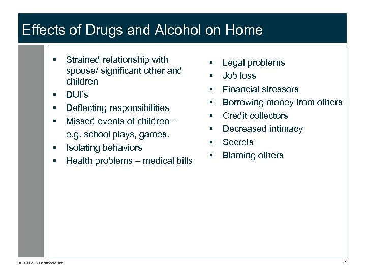Effects of Drugs and Alcohol on Home § § § © 2009 APS Healthcare,