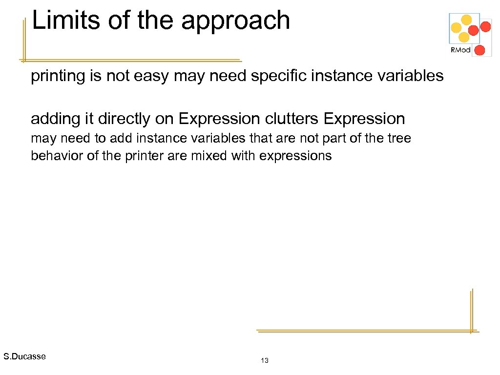 Limits of the approach printing is not easy may need specific instance variables adding