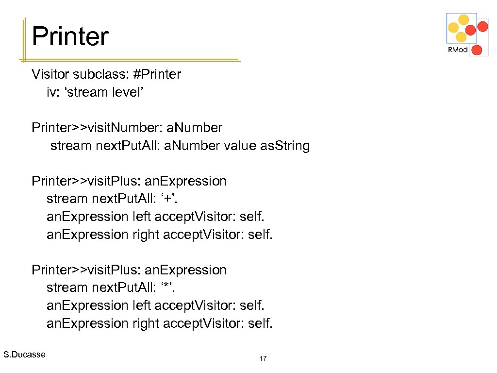 Printer Visitor subclass: #Printer iv: ‘stream level’ Printer>>visit. Number: a. Number stream next. Put.