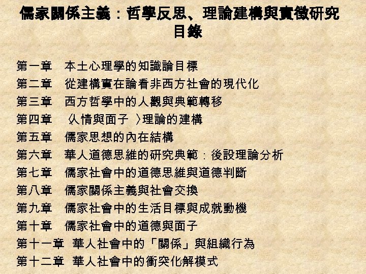 儒家關係主義：哲學反思、理論建構與實徵研究 目錄 第一章 本土心理學的知識論目標 第二章 從建構實在論看非西方社會的現代化 第三章 西方哲學中的人觀與典範轉移 第四章 〈 人情與面子 〉 理論的建構 第五章