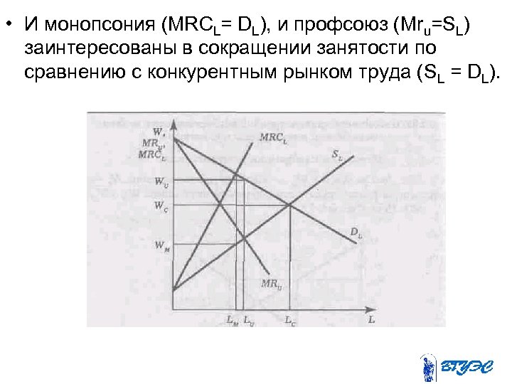  • И монопсония (MRCL= DL), и профсоюз (Mru=SL) заинтересованы в сокращении занятости по