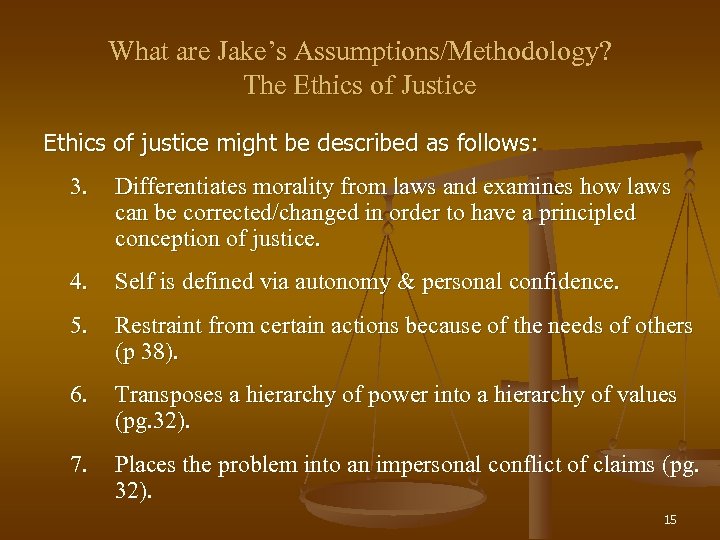 What are Jake’s Assumptions/Methodology? The Ethics of Justice Ethics of justice might be described