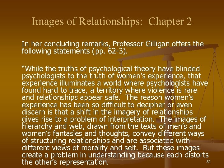 Images of Relationships: Chapter 2 In her concluding remarks, Professor Gilligan offers the following