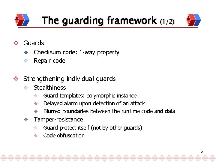 The guarding framework (1/2) v Guards Checksum code: 1 -way property v Repair code