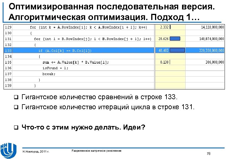 Оптимизированная последовательная версия. Алгоритмическая оптимизация. Подход 1… Гигантское количество сравнений в строке 133. q