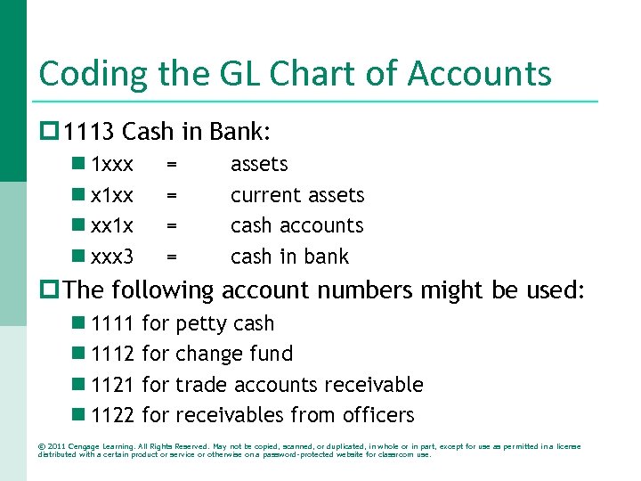 Coding the GL Chart of Accounts p 1113 Cash in Bank: n 1 xxx