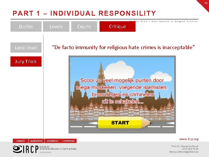 22 PART 1 – INDIVIDUAL RESPONSILITY 28 May 2016 | Hate Speech in Belgian