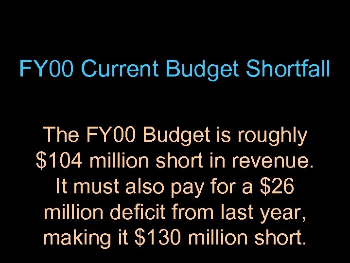 FY 00 Current Budget Shortfall The FY 00 Budget is roughly $104 million short