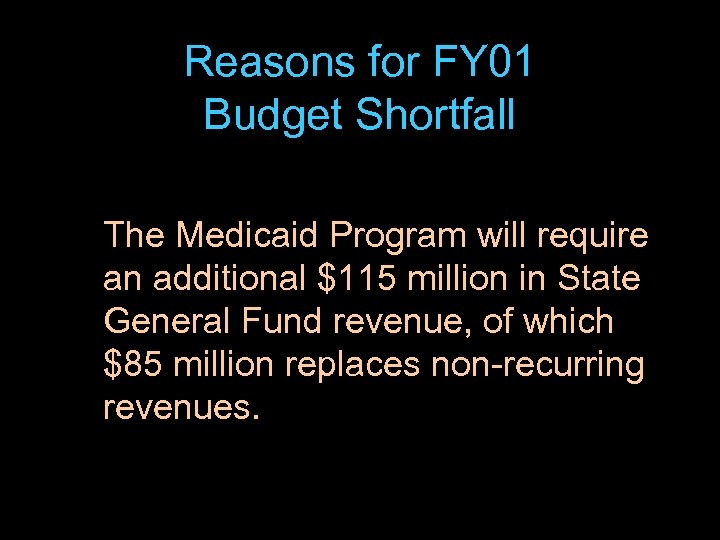 Reasons for FY 01 Budget Shortfall The Medicaid Program will require an additional $115
