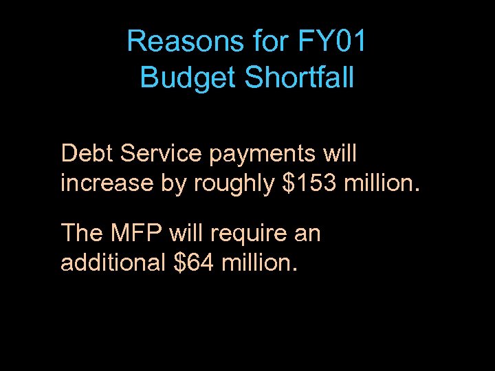 Reasons for FY 01 Budget Shortfall Debt Service payments will increase by roughly $153