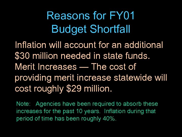 Reasons for FY 01 Budget Shortfall Inflation will account for an additional $30 million