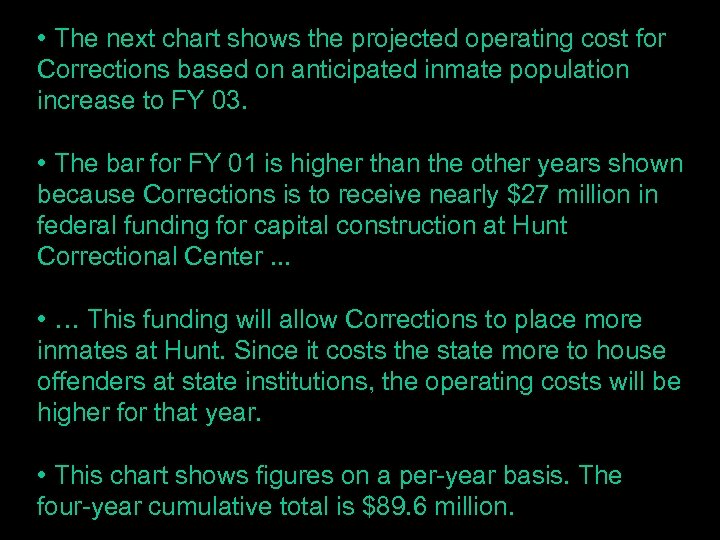  • The next chart shows the projected operating cost for Corrections based on