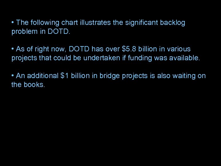  • The following chart illustrates the significant backlog problem in DOTD. • As