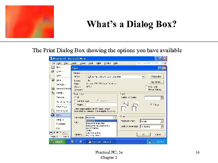 What’s a Dialog Box? XP The Print Dialog Box showing the options you have