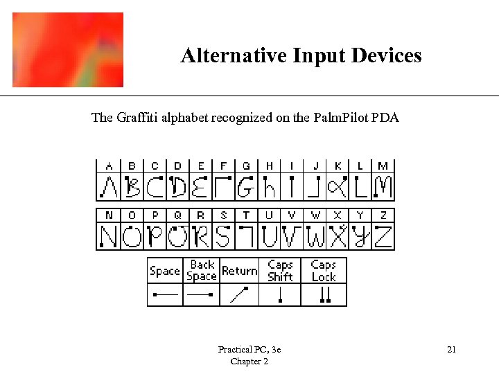 Alternative Input Devices XP The Graffiti alphabet recognized on the Palm. Pilot PDA Practical