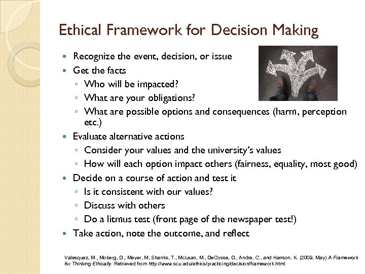 Ethical Framework for Decision Making Recognize the event, decision, or issue Get the facts