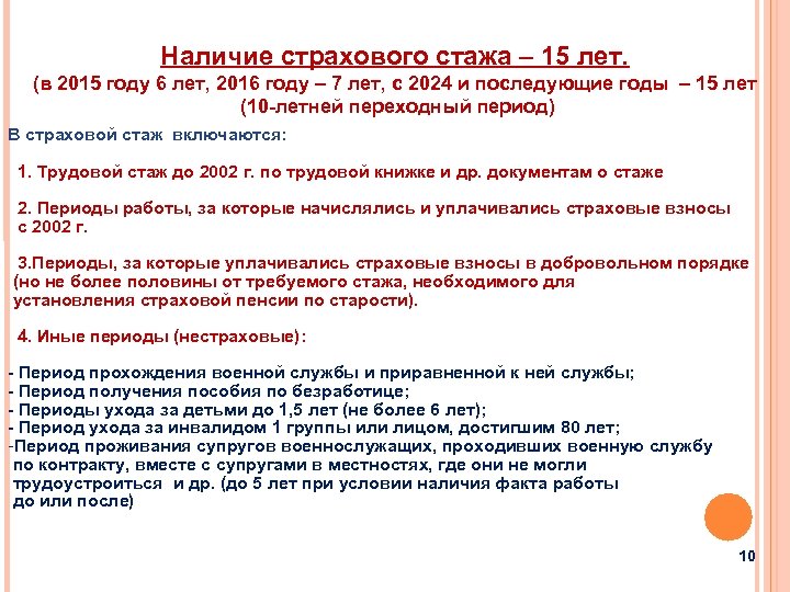 Наличие страхового стажа – 15 лет. (в 2015 году 6 лет, 2016 году –