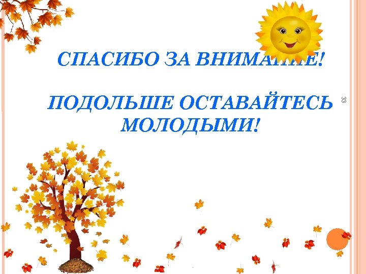 СПАСИБО ЗА ВНИМАНИЕ! 33 ПОДОЛЬШЕ ОСТАВАЙТЕСЬ МОЛОДЫМИ! 