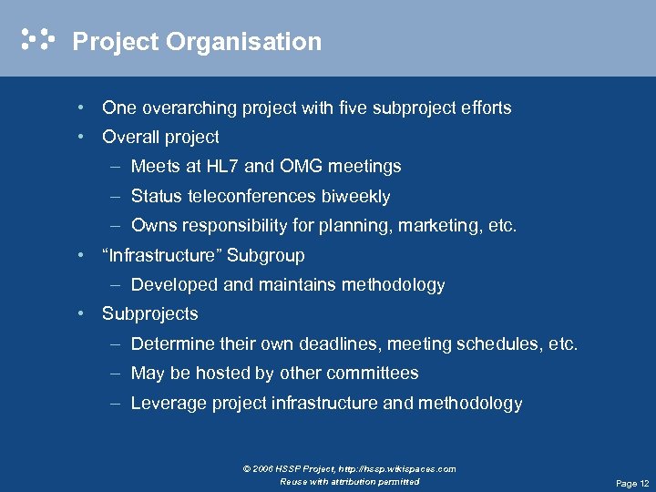 Project Organisation • One overarching project with five subproject efforts • Overall project –