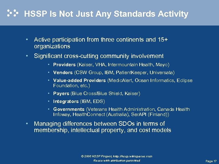 HSSP Is Not Just Any Standards Activity • Active participation from three continents and