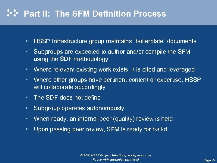 Part II: The SFM Definition Process • HSSP Infrastructure group maintains “boilerplate” documents •