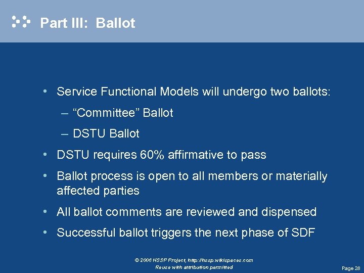Part III: Ballot • Service Functional Models will undergo two ballots: – “Committee” Ballot